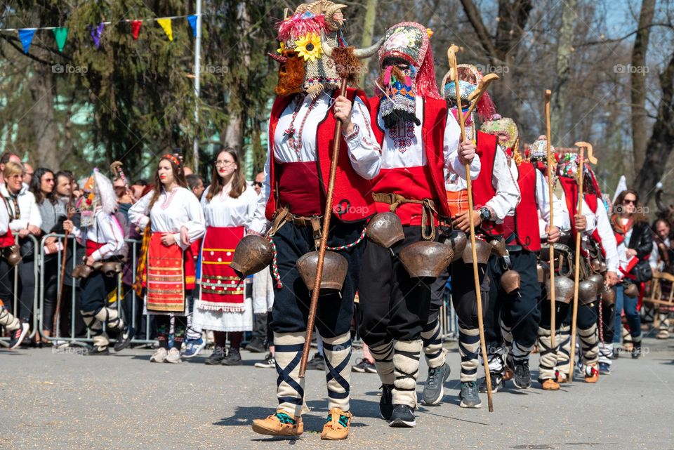 Kukeri Dance. Kukeri are elaborately costumed Bulgarian Men, who Perform Traditional Rituals Intended to Scare Away Evil Spirits