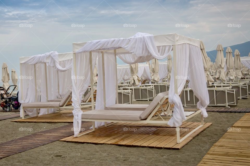 Beach resort bed shelter in Greece resort, Europe