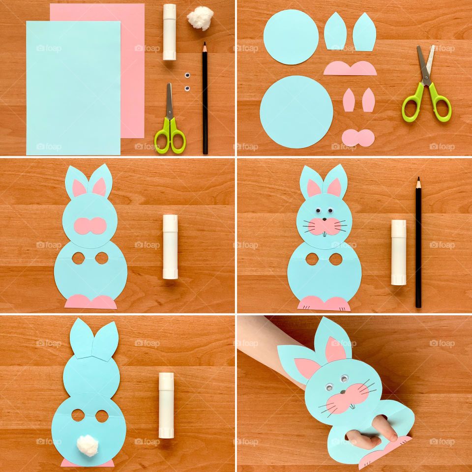 Easter paper rabbit, creative with kid, child hand, DIY, step by step