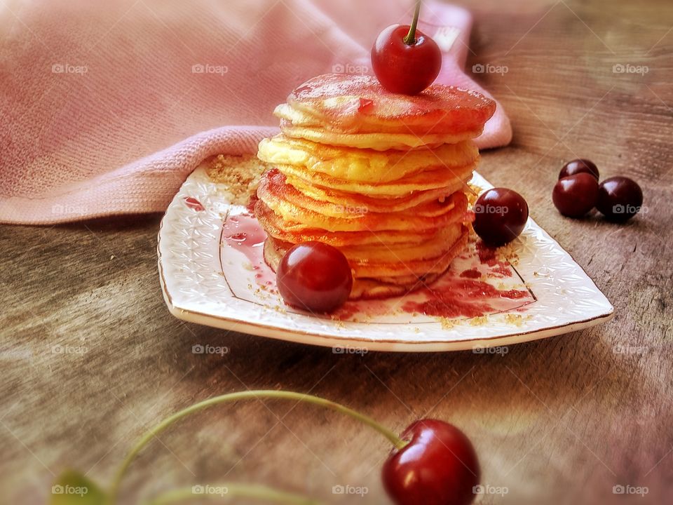pancakes with pink jam and pink napkin, pink color