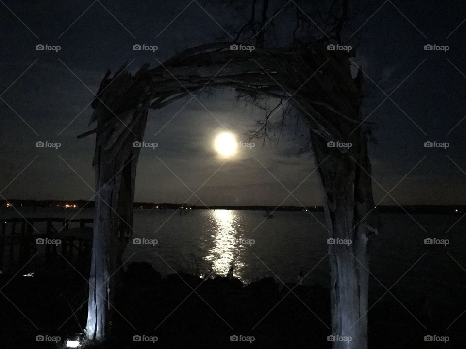 Moon through a driftwood arch 