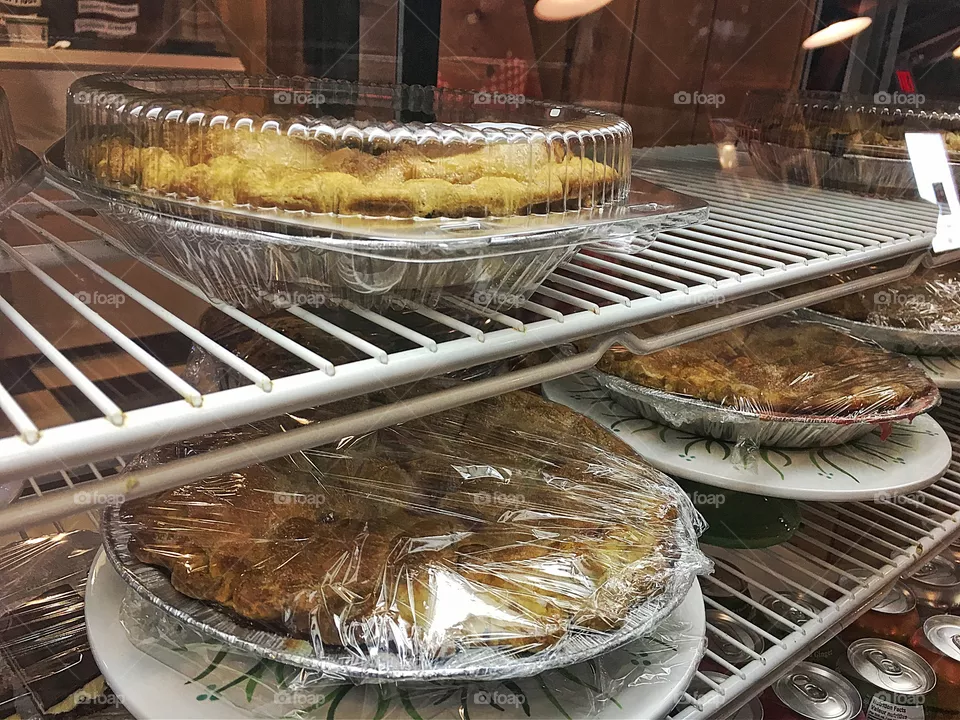 Homemade pies on shelf in old diner