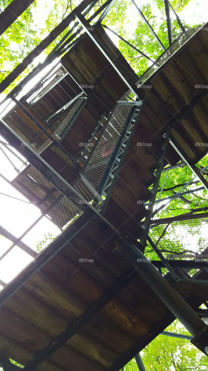 A rainy day view from underneath a firetower in a forest looking upwards.