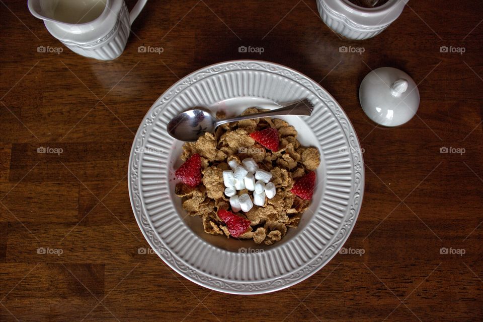 High angle view of healthy food on wooden table