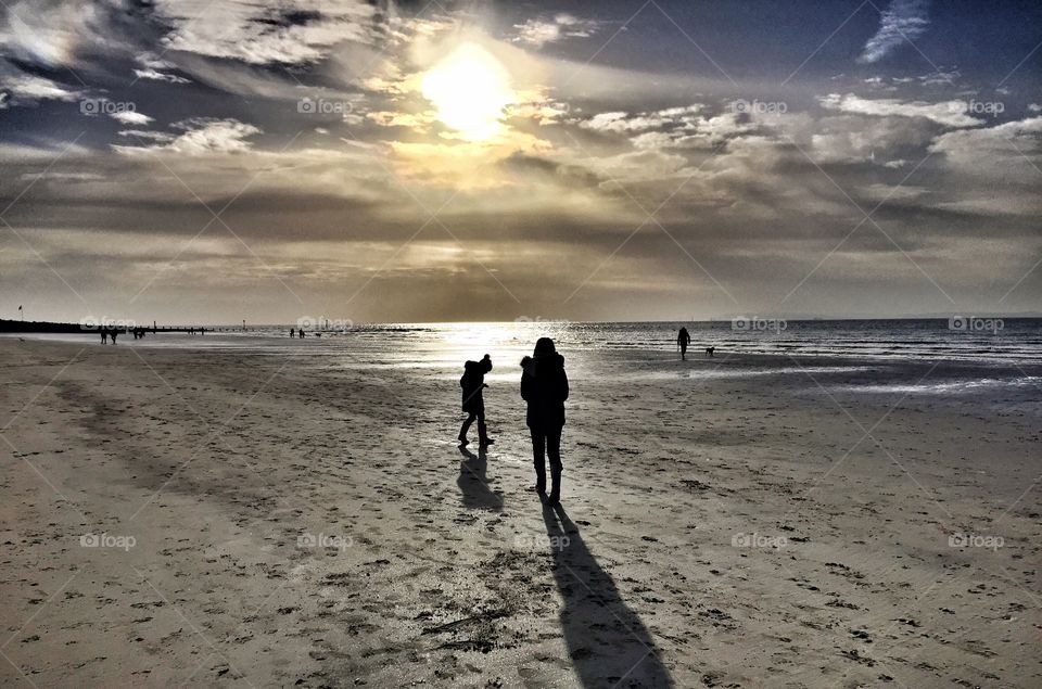 Winter beach silhouette scene 
