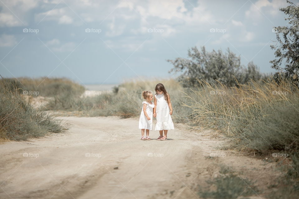 Two little sisters walking at cloudy summer day