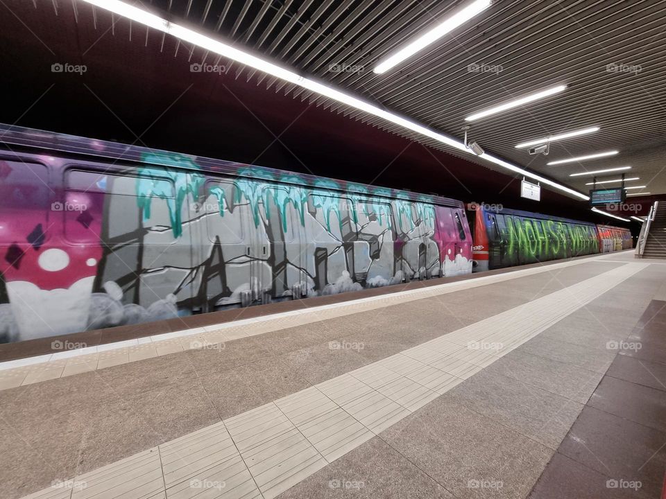 Graffiti painted on a subway train in Bucharest, Romania