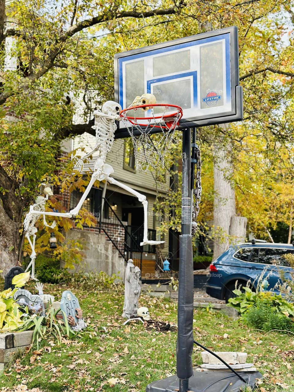 Halloween decorations and celebration in Toronto, Ontario. Ghosts, witches and skeletons. Creative art. Autumn, fall city landscape.