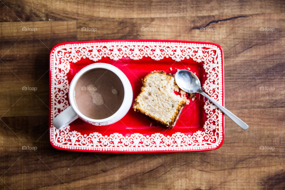 High angle view of cake with hot chocolate