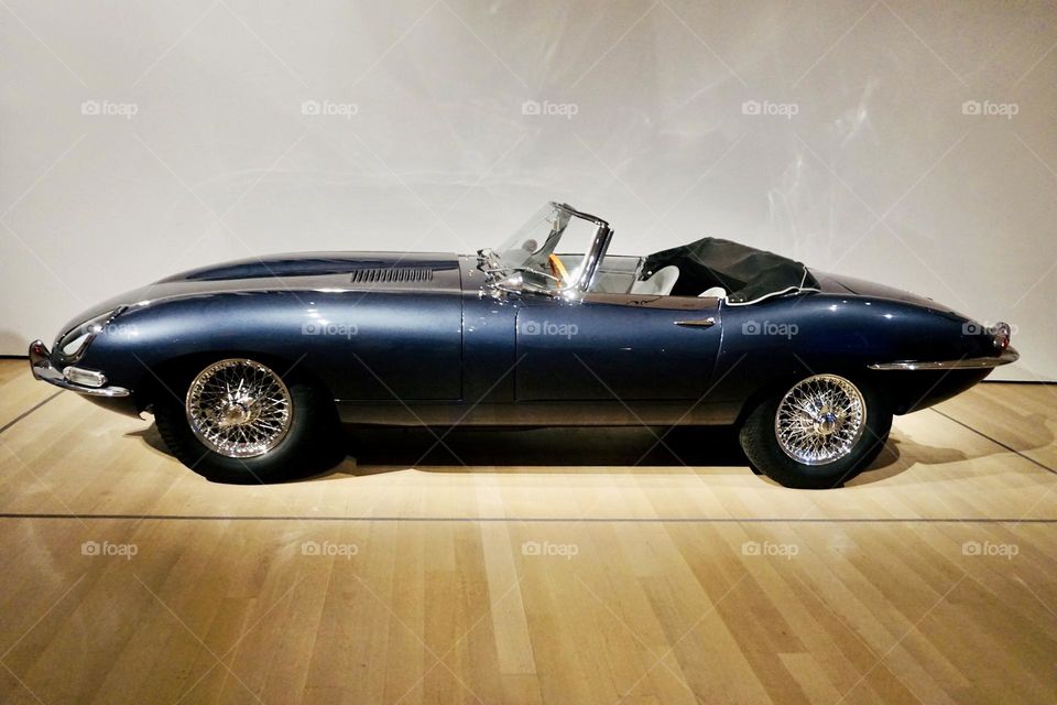 Jaguar E-Type roadster on display at the MoMA Automania exhibition about the provocative history of the car as an art object. 