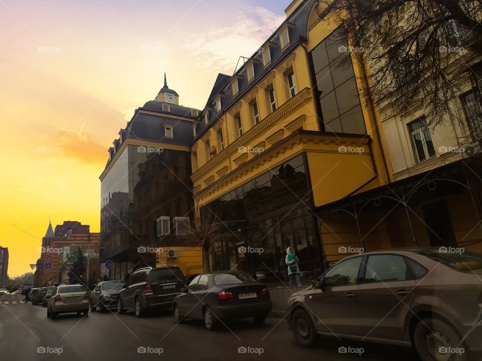 yellow building at sunset