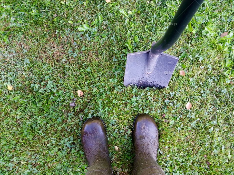 A rainy day in the garden. I borrowed my husbands rubber boots.