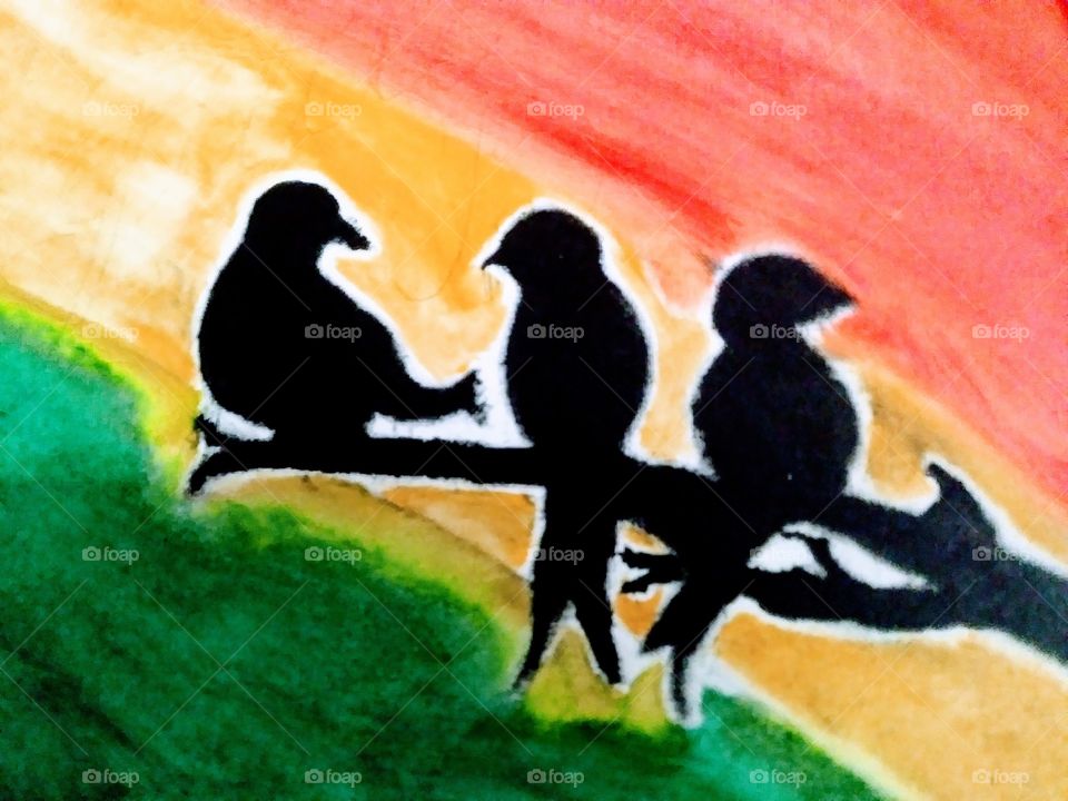 three birds sitting on branch with red yellow and green background. handpainted in oil