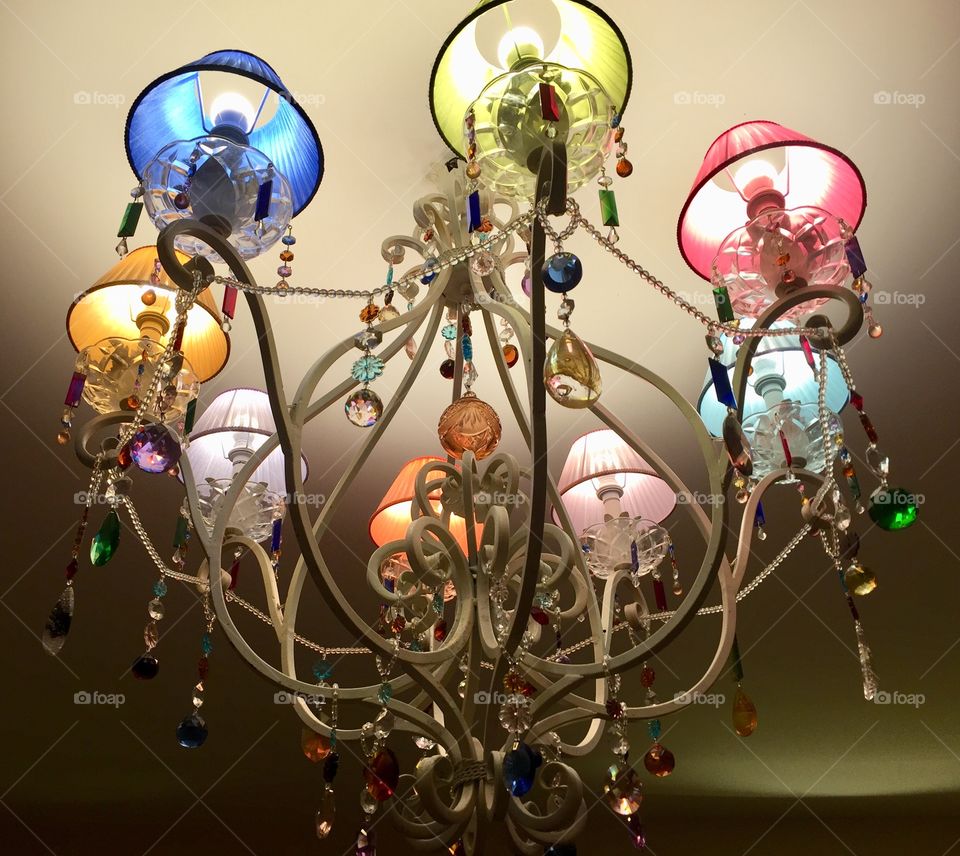Colorful chandelier in Italian nightclub 