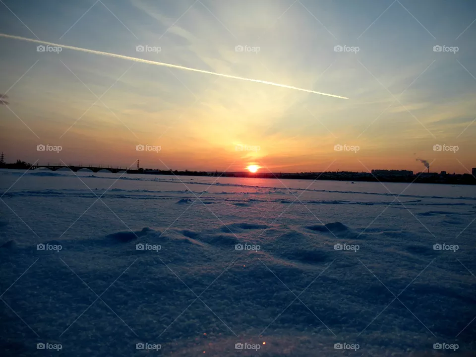 sunset in winter in Central Russia, Voronezh, January, Epiphany frost