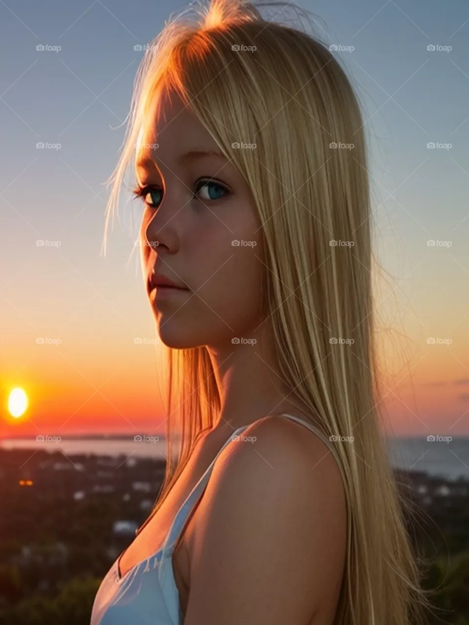 Blonde girl contemplates the sunset