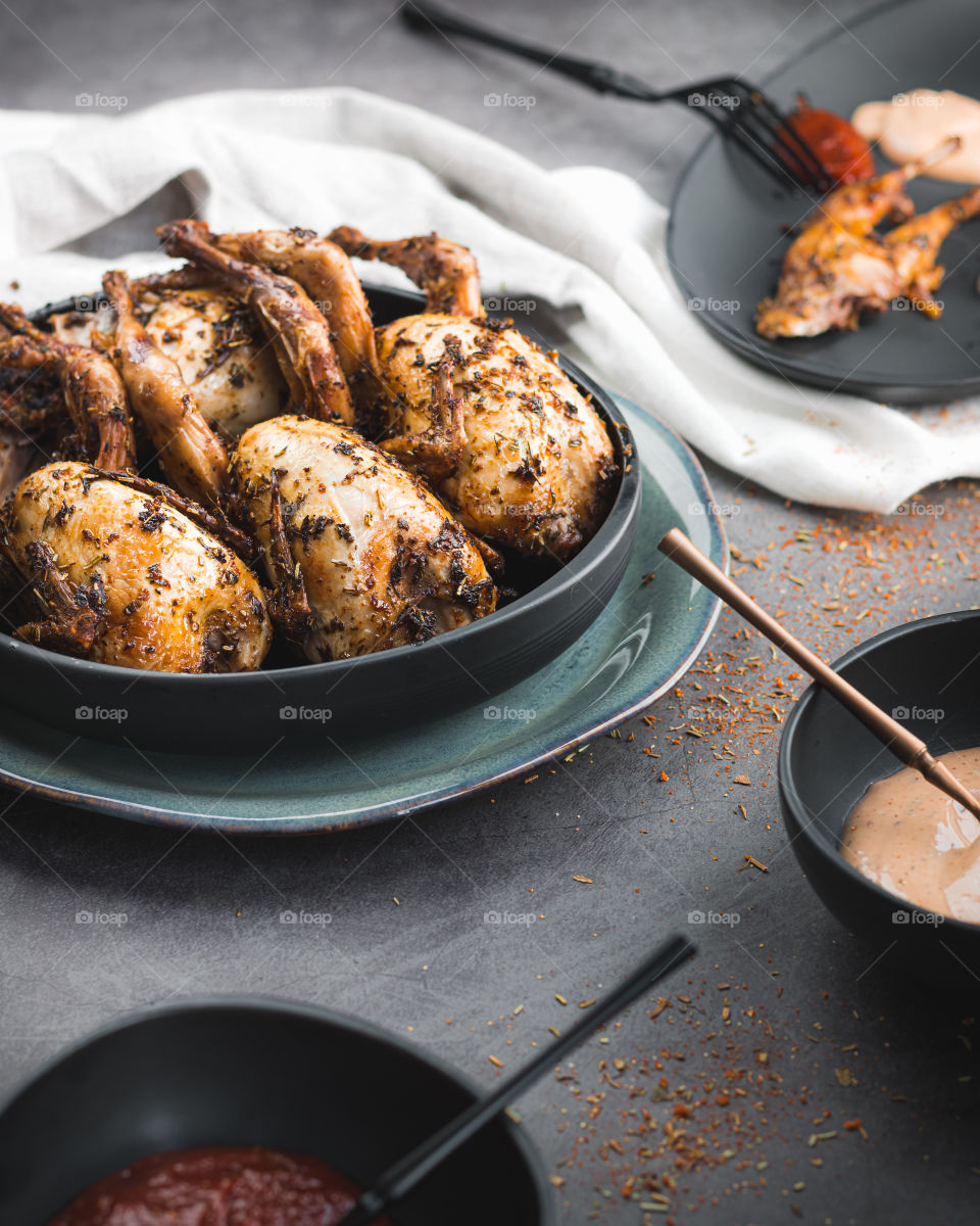 Quail cooked on a BBQ with amazing rubs. Turned out delicious as it looked. 