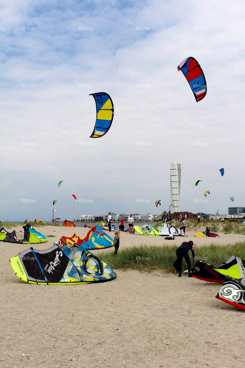 Kitesurfers in Malmö, Sweden.