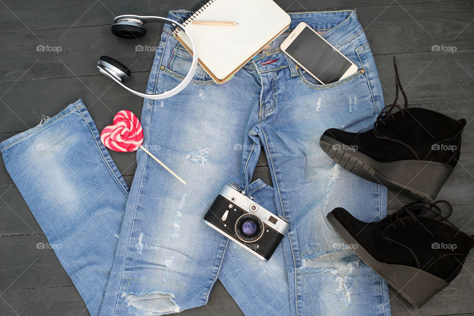 Fashion details, jeans, camera, flower, indoor flower, shoes, women's shoes, high heels shoes, phone, gadget, fashion, style, clothes, shoes, image, stylish image, notebook, pen, cosmetics, makeup, powder, Cream, nail polish, nail polish, bag, ladies bag, suitcase, retro, life style, still life, headphones, perfume, candy, candy on stick, candy in the form of heart, heart, teenager