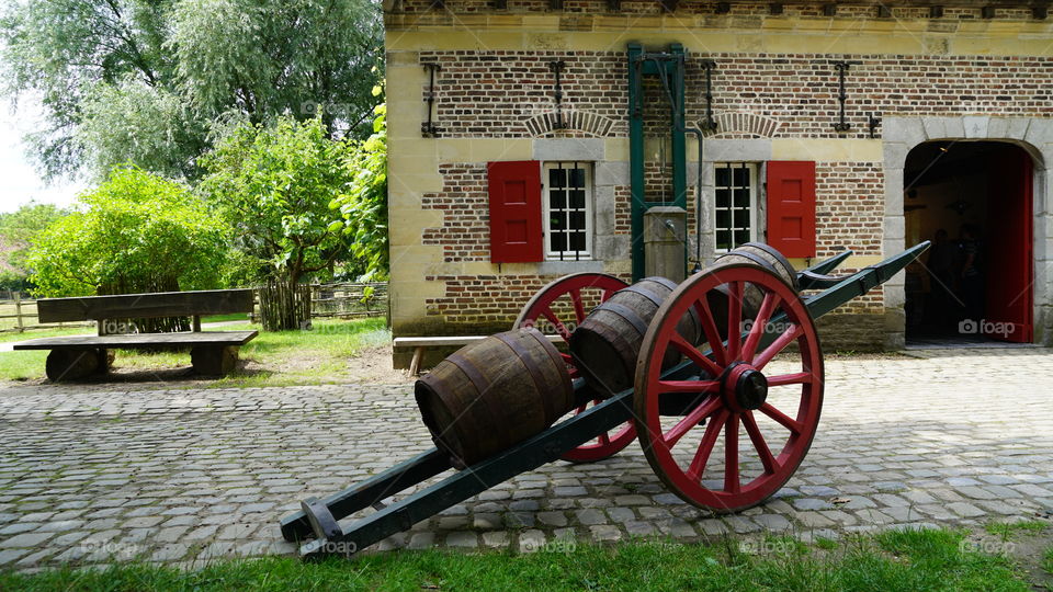 Beer trolley with barrel before the old brewery.