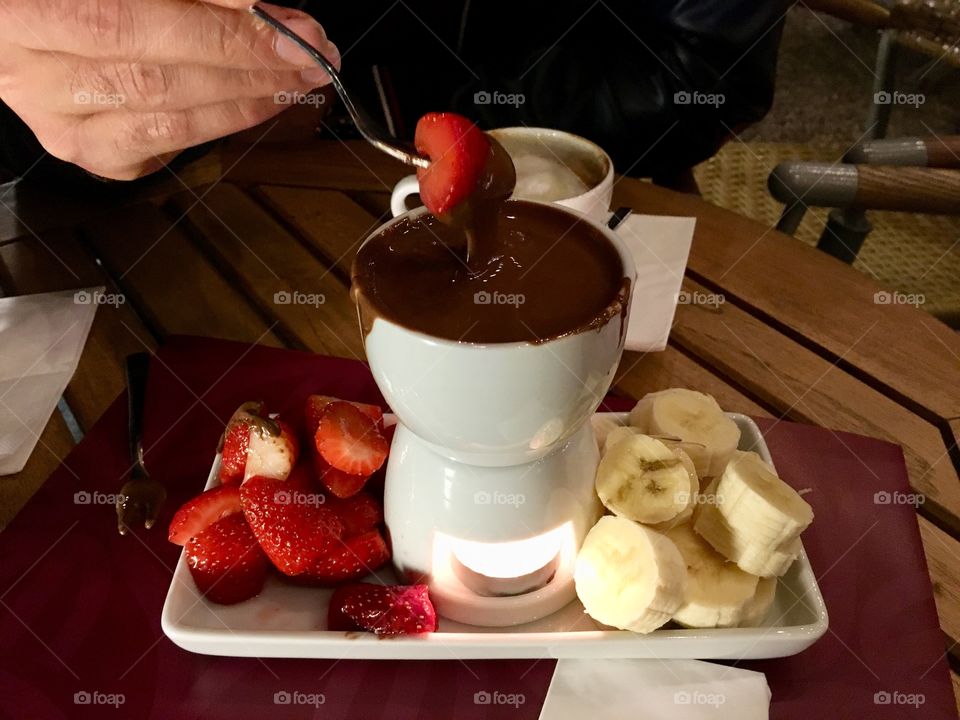 hot chocolate, banana, strawberry. 