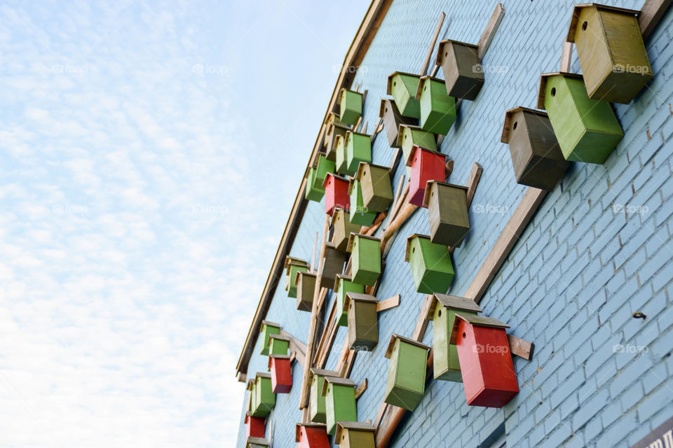 Colorful birdhouses on artificial tree on house wall