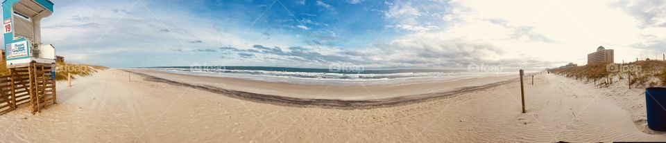 Panorama, panoramic,  view, Carolina beach, NC,  lifeguard stand, Seashore, ocean, seabreeze, clouds, Skye, Horizon, beautiful, Marine, winter, cold, sand, tranquility, solitude, vacation, get away,