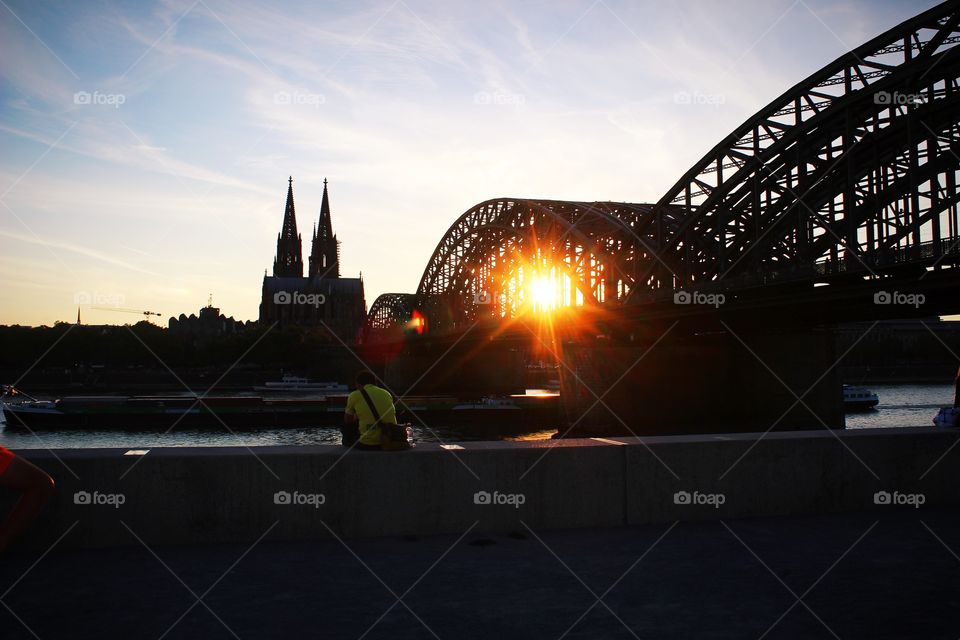 Cologne, cathedral, bridge, sunset