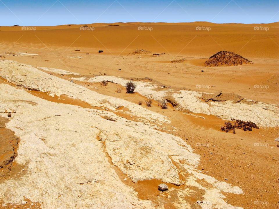 Small orange colored dunes of dry Namib desert in Namibia near
Swakopmund town on the Atlantic ocean coast of South Africa