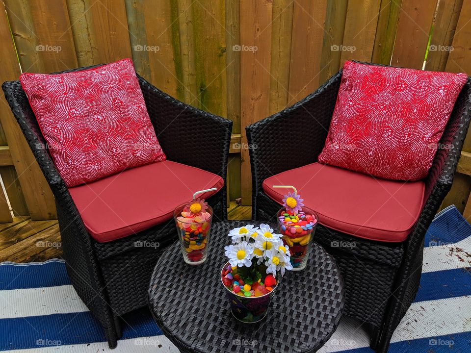 Outdoor patio with candy decorations