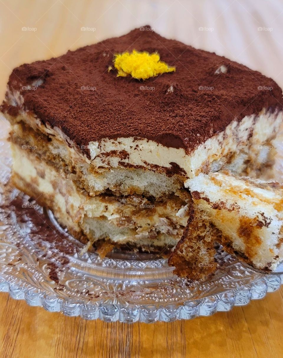 tiramisu on glass plate.Tiramisu in a glass dish