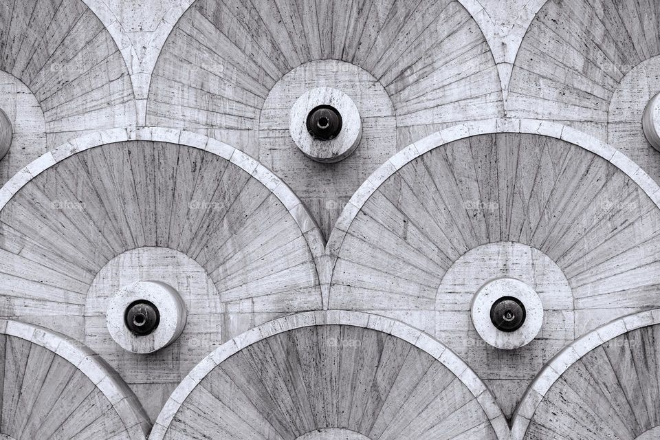 Round abstract patterns at the Cascade stairway in Yerevan, Armenia constructed during the Soviet era between 1971 and 1980. 