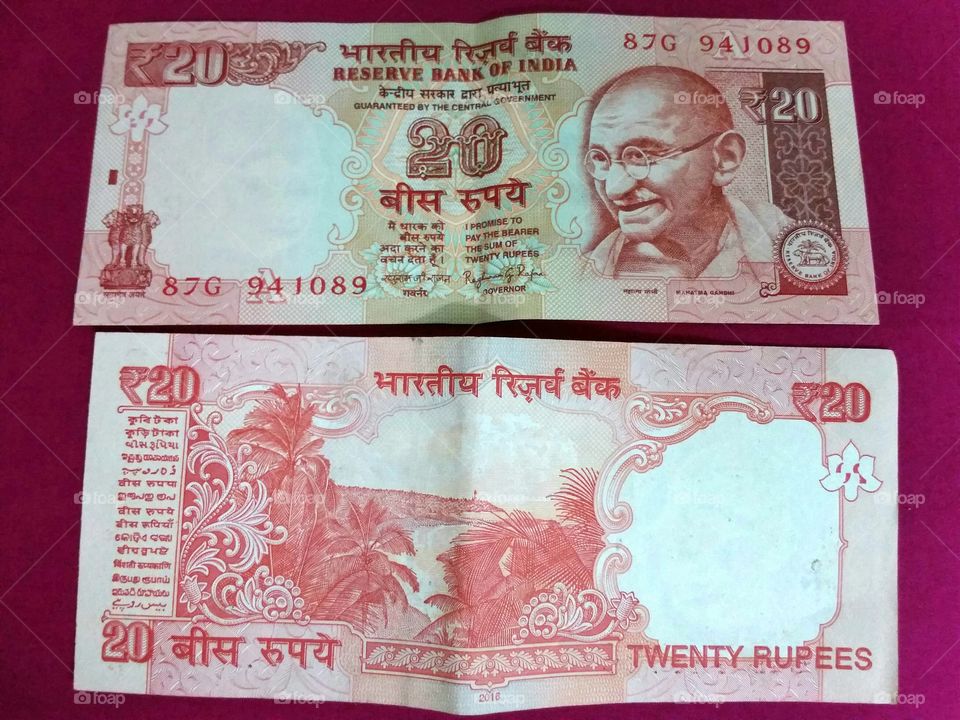Indian currency 20 Rupees note