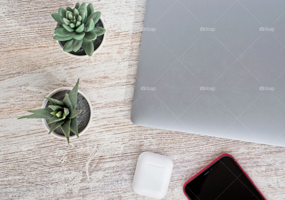 Office flat lay with electronic devices