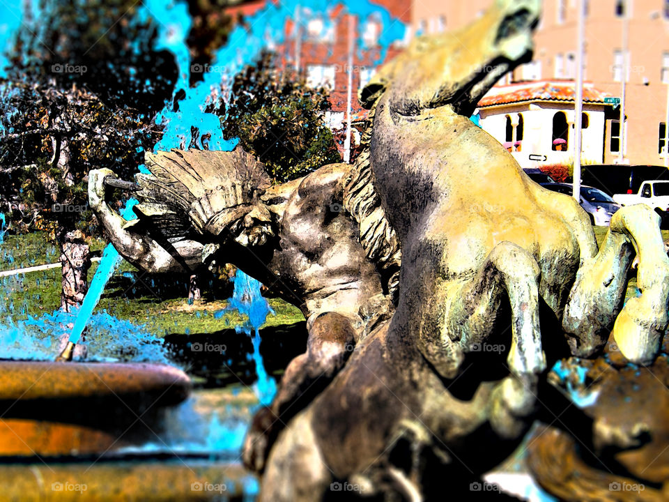 Jc Nichols Fountain, Country Club Plaza. The fountain ran blue for our league champions, the Kansas City Royals last year. I added a textured effect for a more dramatic image.