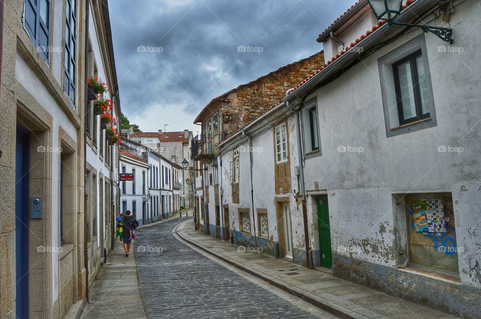 Old narrow street. Rua Huertas (Huertas Street), Santiago de Compostela, Spain