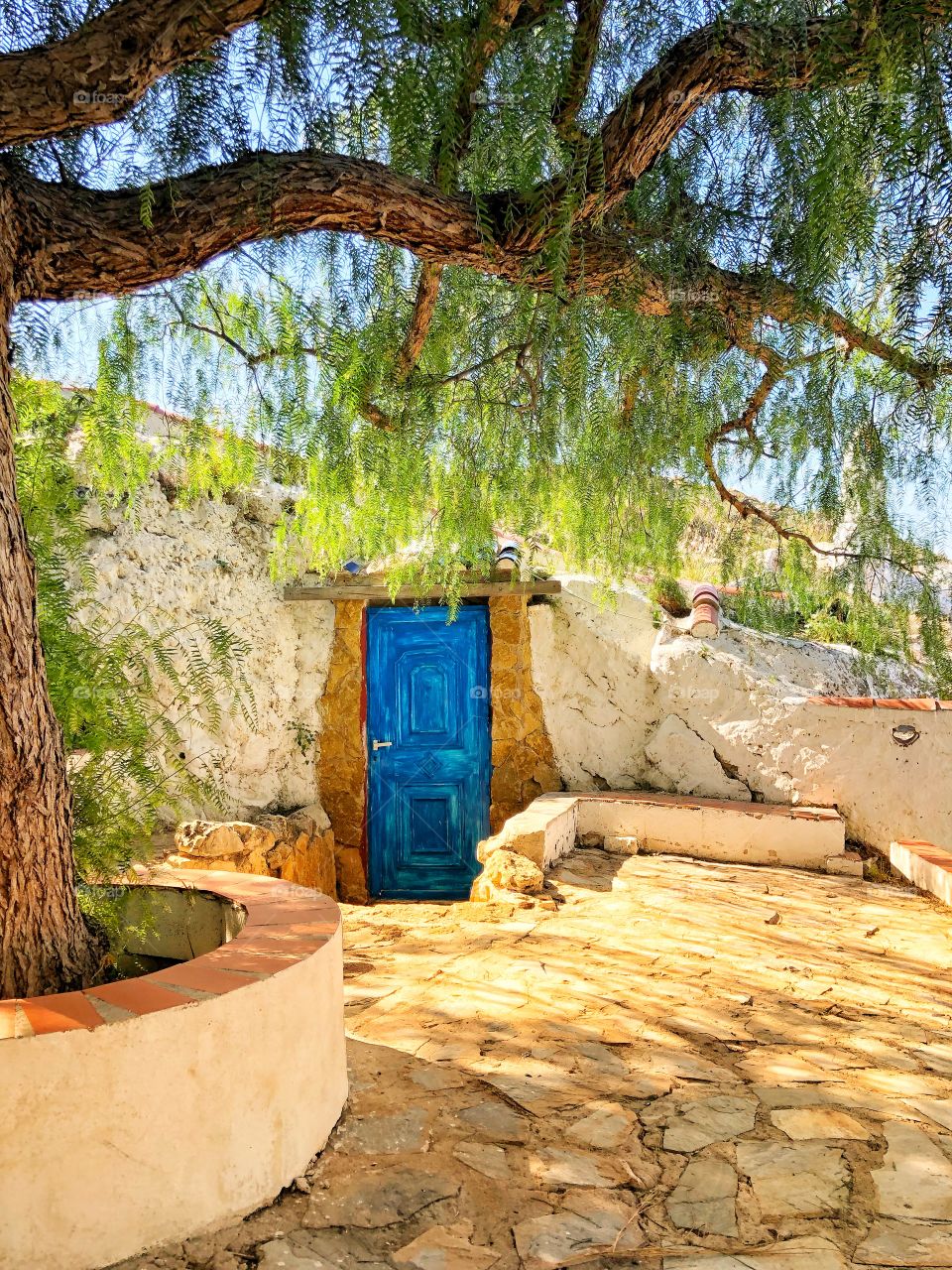 Blue door in rock house under tree