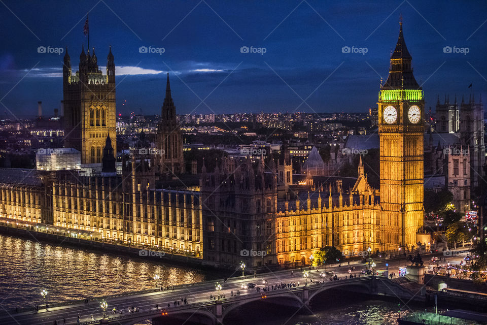 Arial picture of Westminister Bridge and Big Ben taken from London Eye.