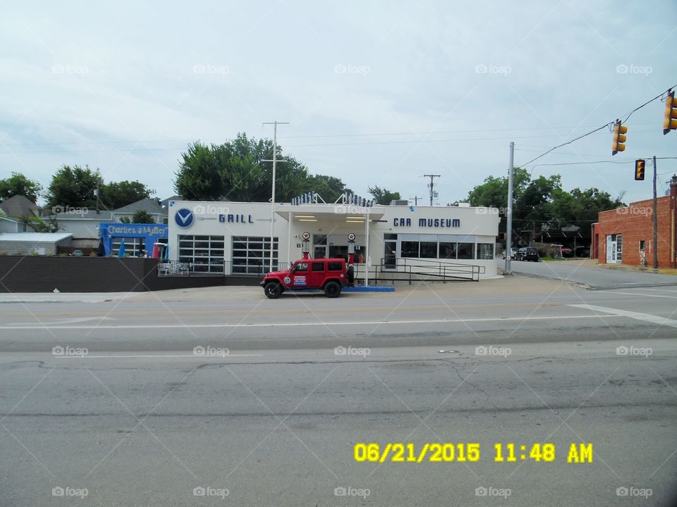 Grill car museum. This is another picture of a front view of a gas station that has been turned into a old car museum in Weatherford Texas
