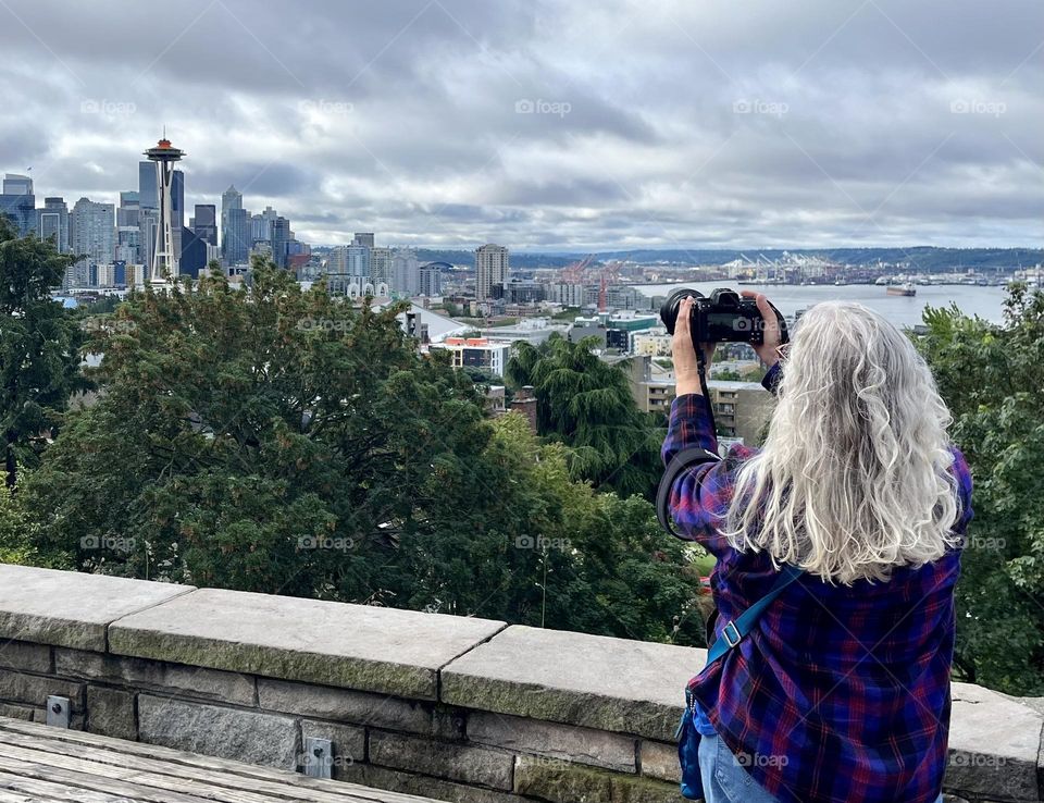 Taking pictures, scenic overlook, Seattle, Washington