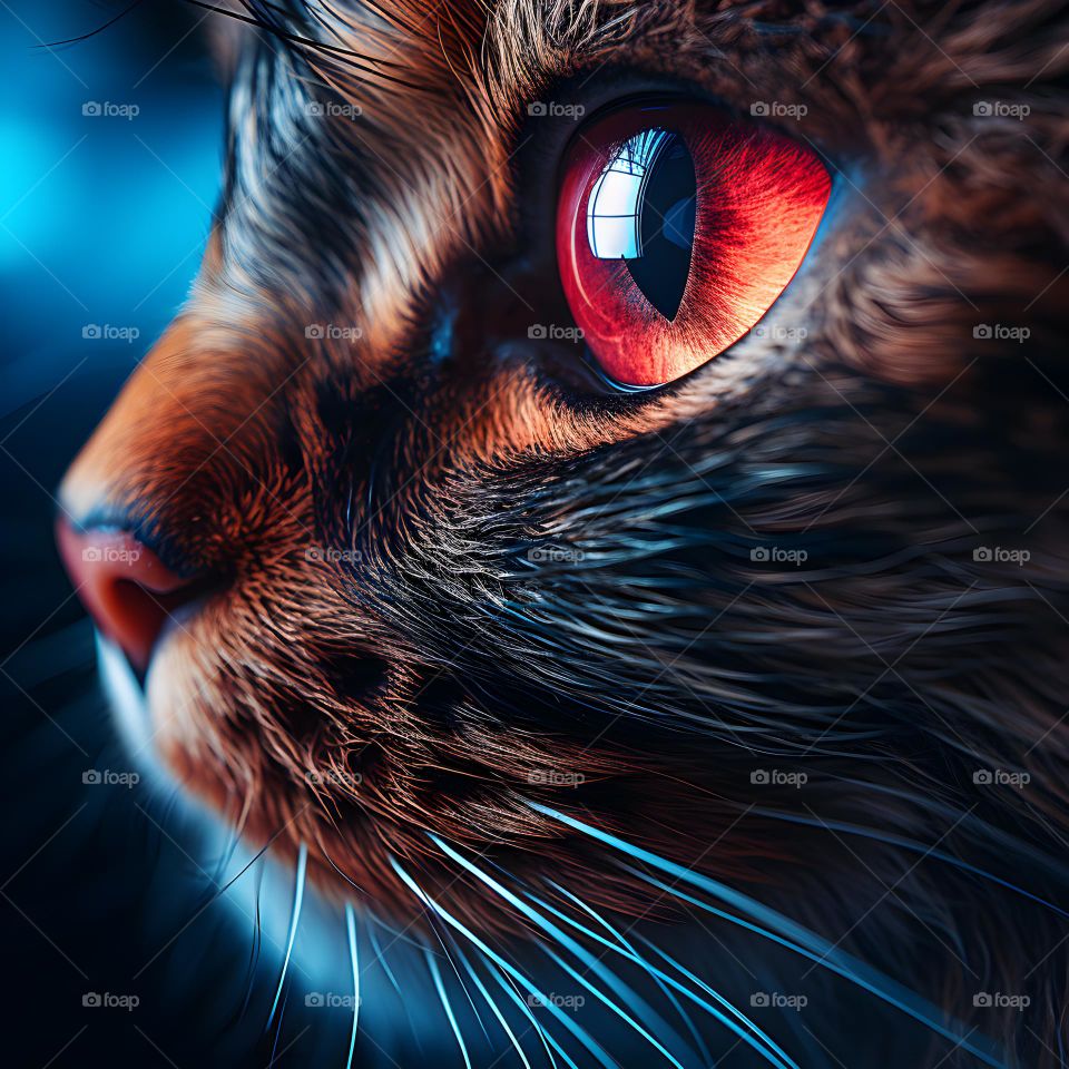 close up of a cat face with round eyes, in the style of vray tracing, photo-realistic techniques