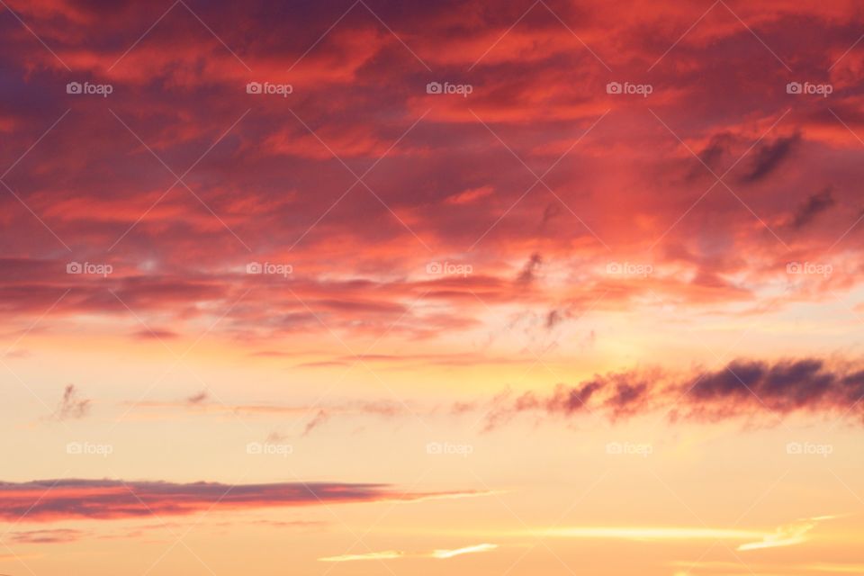 A canopy of brilliantly colored clouds in a pastel-yellow sky with vertical rays of the sun