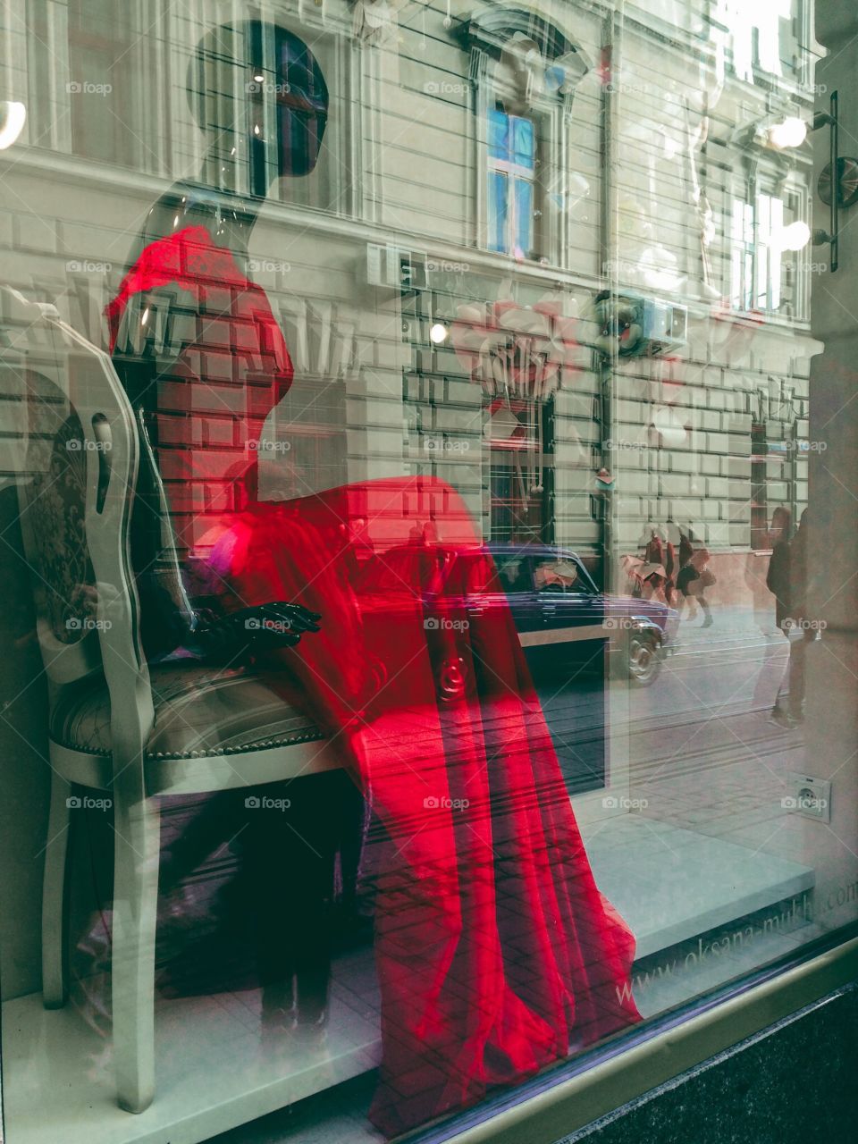 Red color story. Woman and dress