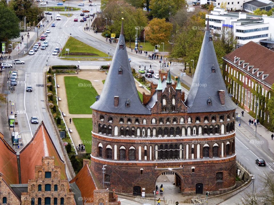 View from the St.Petri church tower to the Holstentor in Lübeck - Germany - 