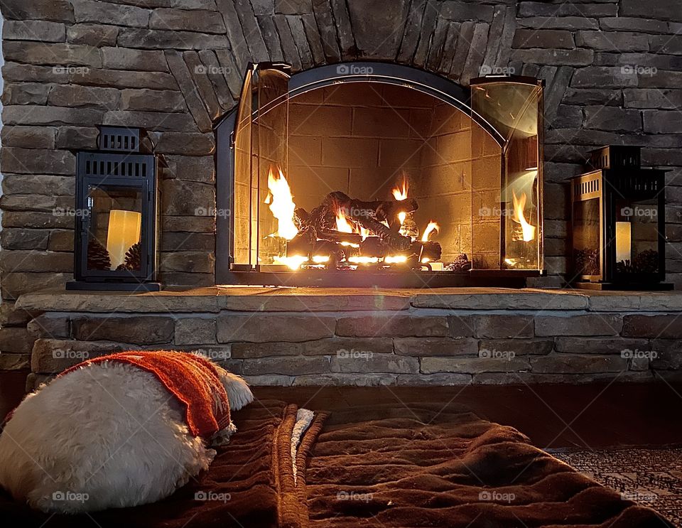 Dog snoozing by a winter fire