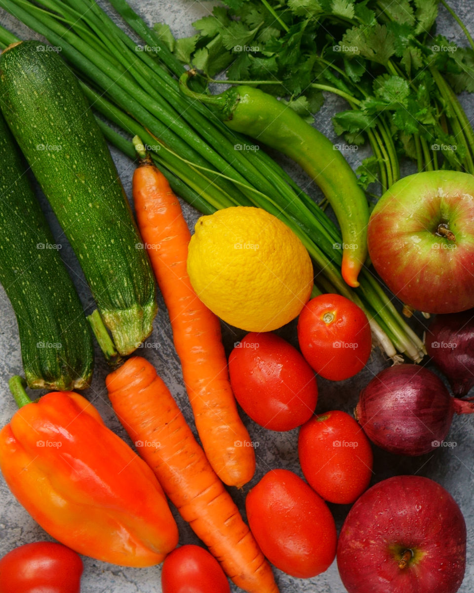 different fruit and vegetables flatlay