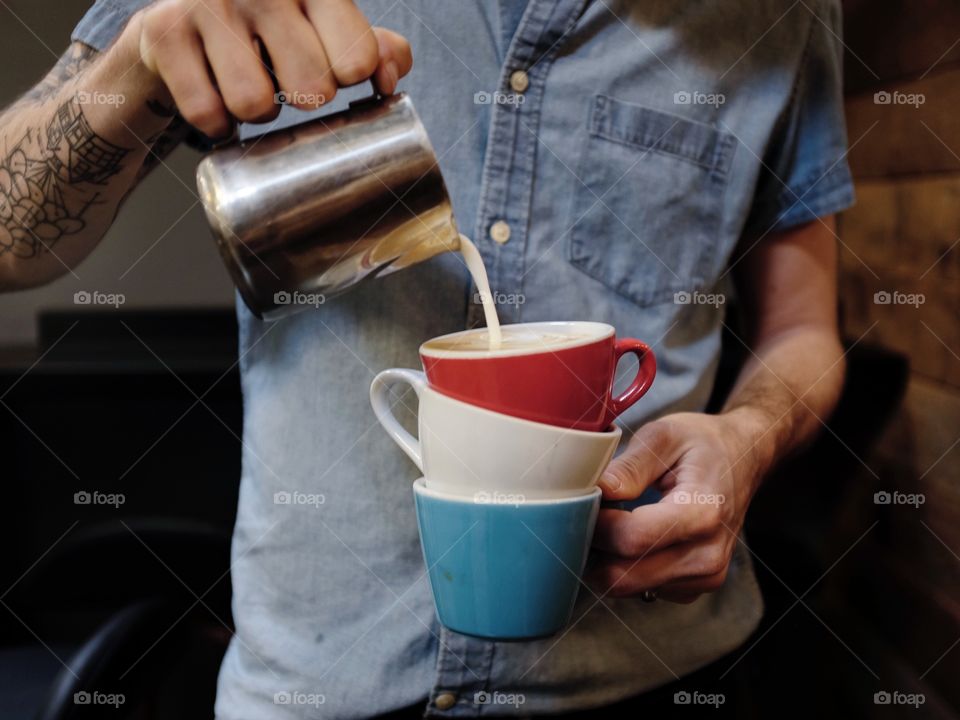 Pouring on a red white and blue stack. 