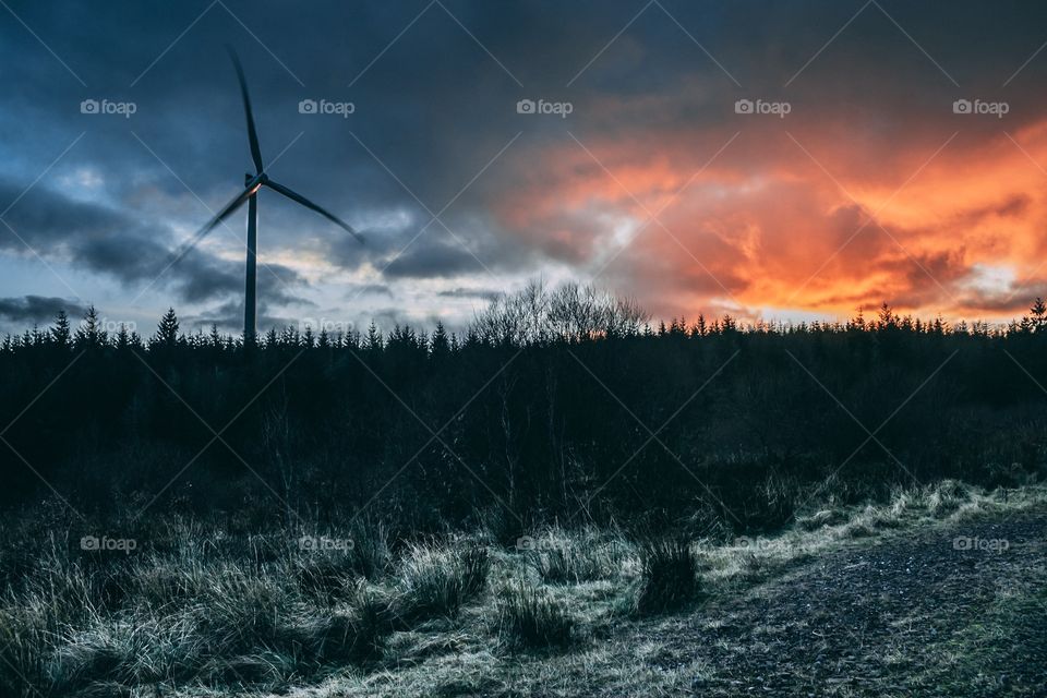 Sunset sunrise wind turbines 