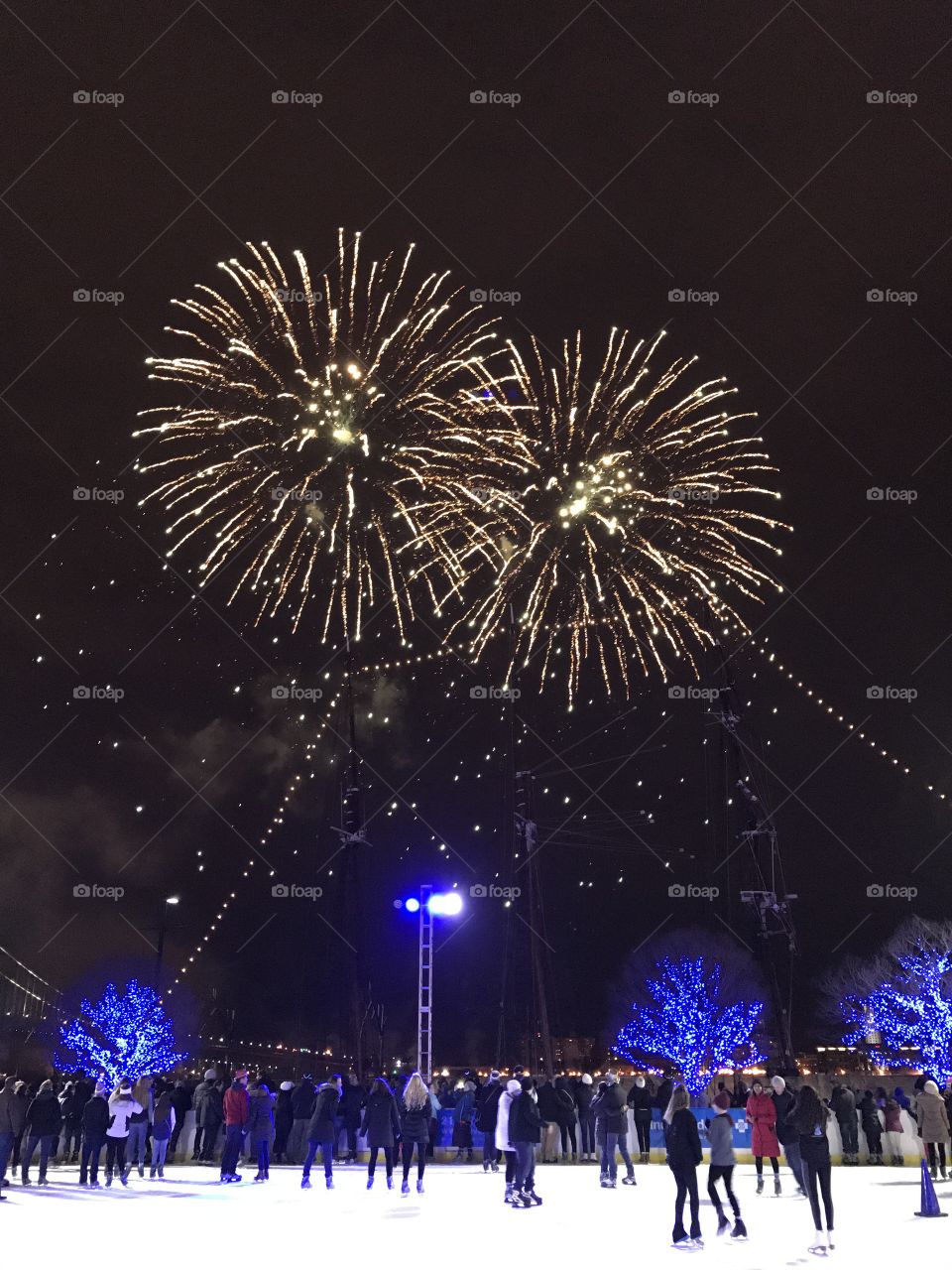 New Year’s Eve fireworks at Ice skate rink winter fest, Philadelphia 