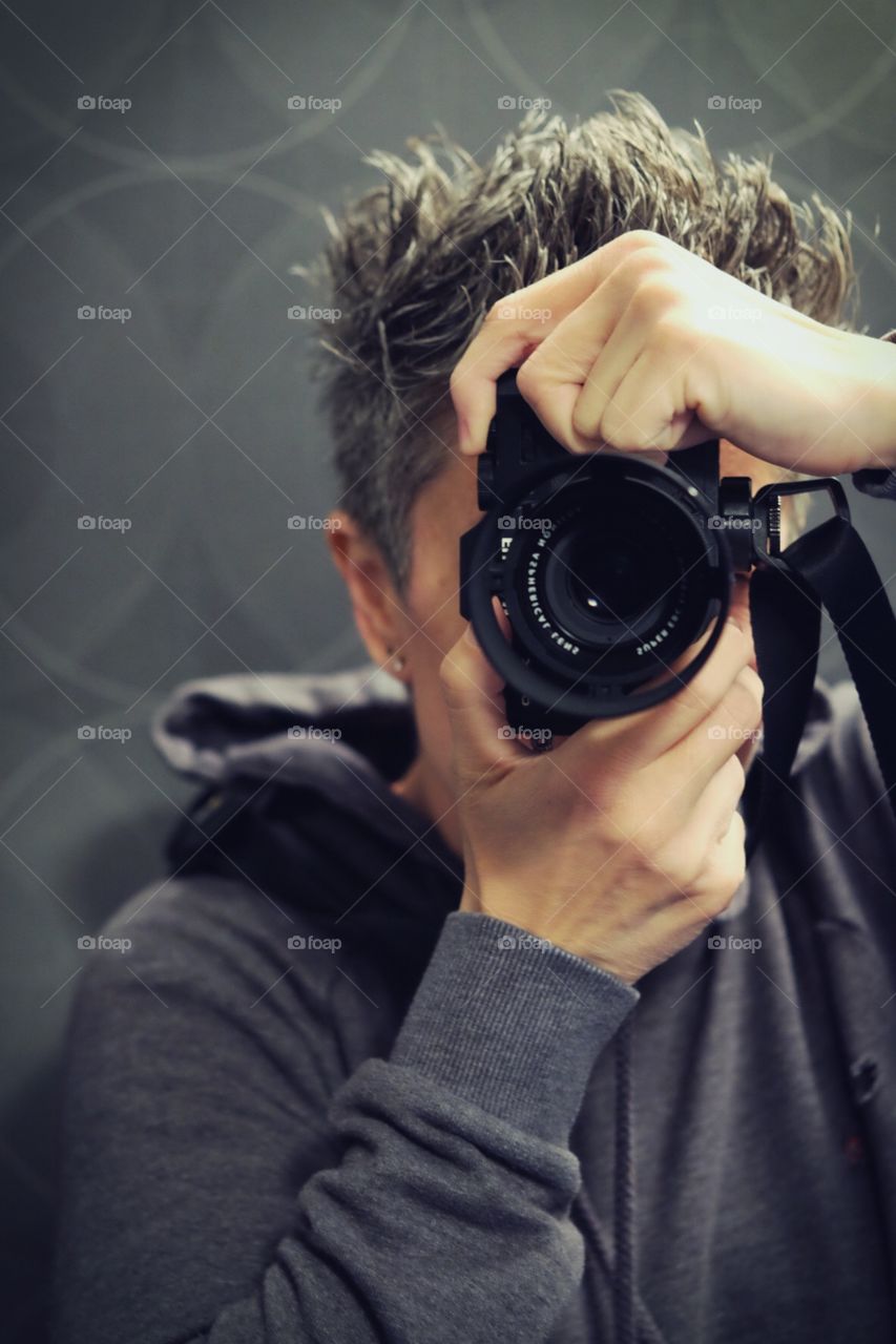 Woman With Camera, Selfie Of A Photographer, Reflections In The Mirror, Androgynous Selfie, Creative Portrait 